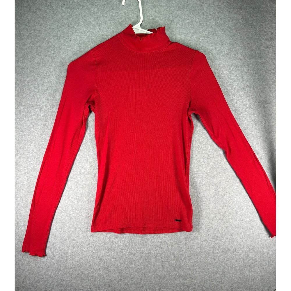 Hollister Slim Tee Red Ribbed Mock Neck Long Sleeve Lettuce Trim Top Small